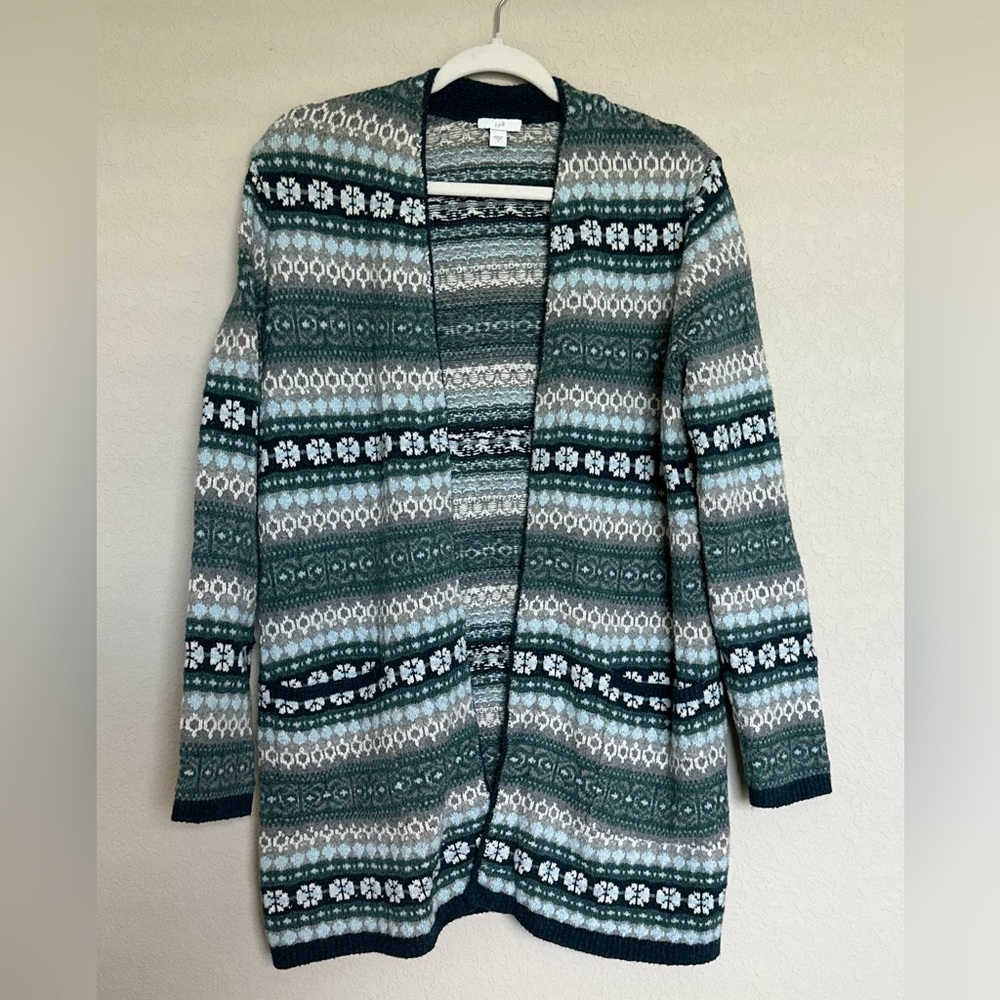 J. Jill Cardigan Sweater Womens Medium Blue Fair Isle Knit Long Sleeve